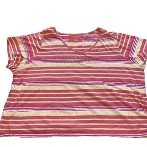 Erika Sport Womens 2X Pink V-Neck Striped￼ Sparkling Top Short Sleeve